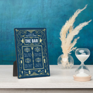 Placa Expositora Menú Art Deco Boda Gold Blue Open Bar