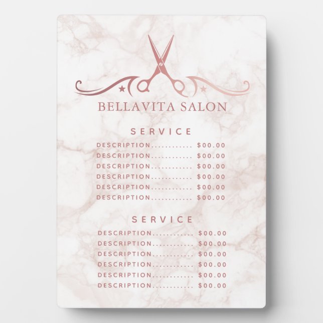 Placa Expositora Menú de Precios Salón Mármol Rosa Dorado (Frente)