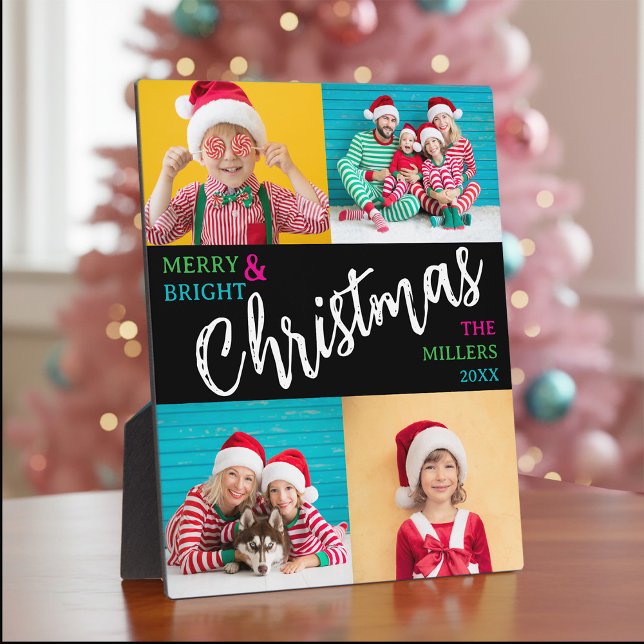 Placa Expositora Merry Bright Christmas Family Photo Collage  (Merry Bright Christmas Family Photo Collage Plaque)