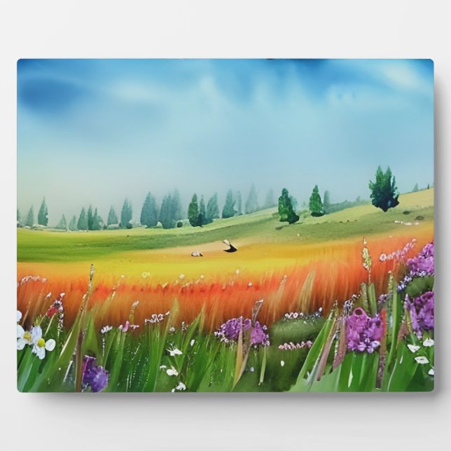 Placa Expositora Mesa de pradera con acuarela escénica (Frente)