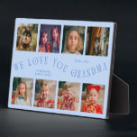 Placa Expositora Modern 8 Photo Grid Love You Grandma Icy Blue<br><div class="desc">Modern and minimal keepsake photo plaque to gift it to a grandmother featuring 8 photos with a curvy typography text that says "we love you grandma." The color is icy blue.</div>