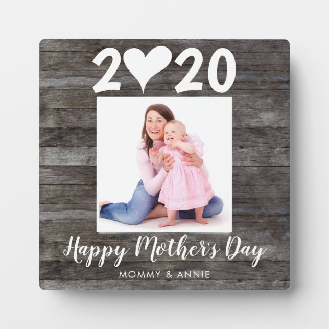 Placa Expositora Modern Happy Mother's Day Script Heart Wood Photo (Frente)