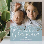 Placa Expositora Moderno, te queremos foto de abuela<br><div class="desc">Placa fotográfica personalizada de la abuela que incluye una preciosa foto familiar,  un moderno y polvoriento diseño de borde azul del corazón,  el dicho "te queremos abuela" y los nombres de los niños.</div>