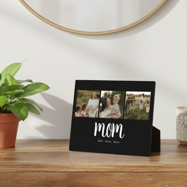 Placa Expositora Mom Established Modern Bold Script Black 3 Photo (modern 3 photo black and white script mom established sign gift idea for mom mothers day christmas )