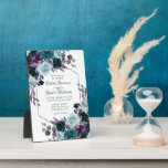 Placa Expositora Moody Boho | Teal Turquoise Dark Floral Wedding<br><div class="desc">Dark and moody gothic-inspired hand-painted wedding keepsake deep turquoise blue, teal, and plum purple watercolor floral wreath garland on an abstract silver frame embellished by botanical laurel and turquoise teal accents. From the "Boho Bloom" collection, this gorgeous layout features your details in a stylish hand-lettered script and a rich Bohemian...</div>