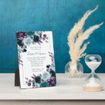 Placa Expositora Moody Boho | Teal Turquoise Dark Floral Wedding<br><div class="desc">Dark and moody gothic-inspired hand-painted wedding keepsake deep turquoise blue, teal, and plum purple watercolor floral wreath garland on an abstract silver frame embellished by botanical laurel and turquoise teal accents. From the "Boho Bloom" collection, this gorgeous layout features your details in a stylish hand-lettered script and a rich Bohemian...</div>