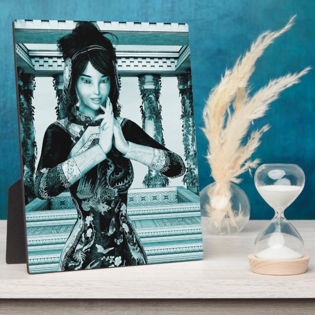 Placa Expositora Mujer Real Asiática Arte de Retrato Azul (Lado)