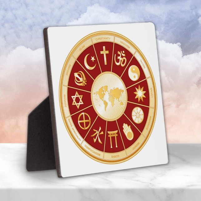 Placa Expositora Mundo de fe (World of Faith Plaque.
Gold symbols of international religions surround a world map. )
