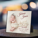 Placa Expositora Nacido nuevo bebé foto anuncio de nacimiento Keeps<br><div class="desc">Presentamos la elegante placa keepsake del anuncio del nacimiento de la foto del bebé, una forma hermosa y atemporal de conmemorar la llegada de tu preciosa pequeña. Esta impresionante placa presenta una foto de alta calidad de su recién nacido en suaves tonos pastel, añadiendo un toque delicado a la estética...</div>
