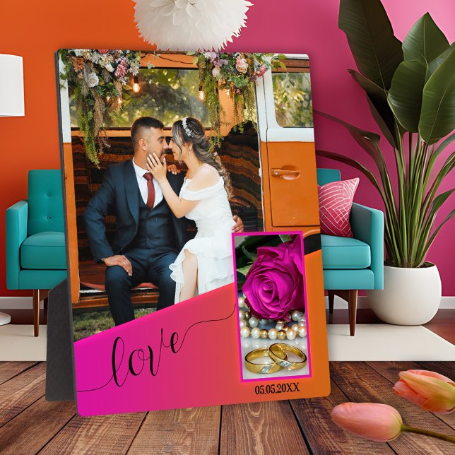 Placa Expositora Naranja rosa Boho Boda hippie Plata (Photo plaque featuring your photos on a fuchsia pink and orange design with a script love text)