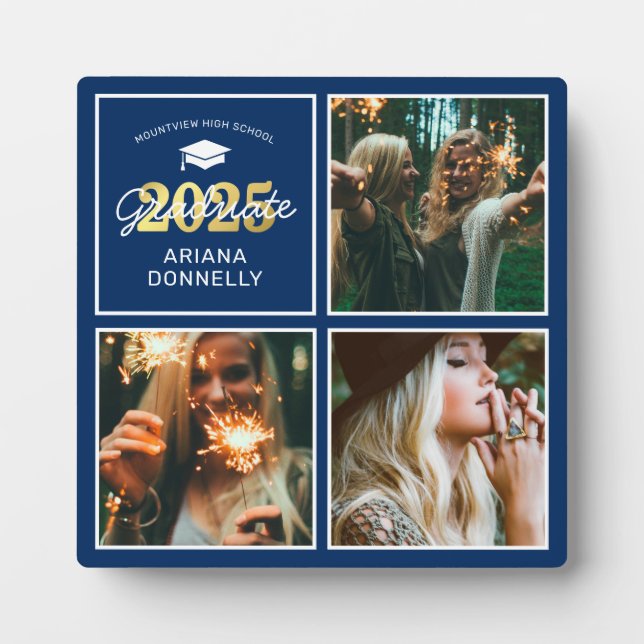 Placa Expositora Navy & Gold 3 Photo Graduation (Frente)