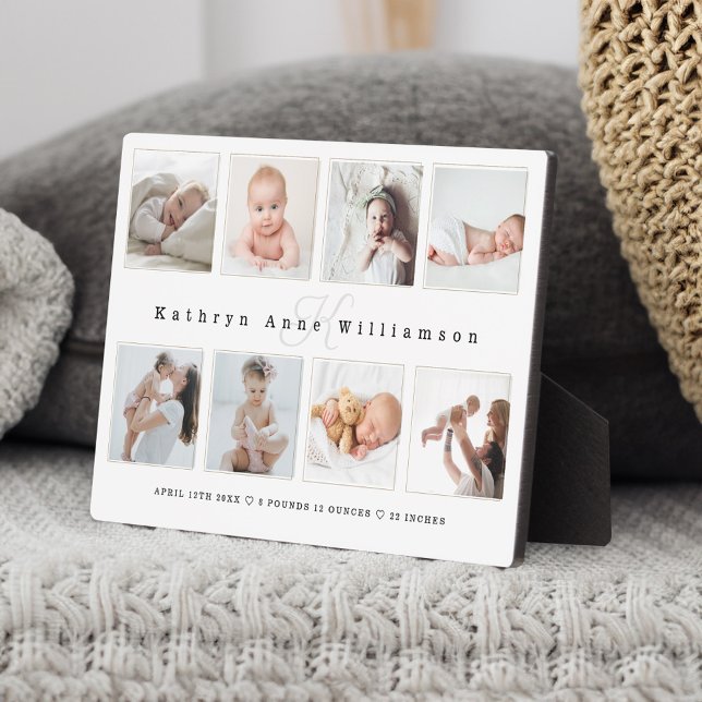 Placa Expositora Newborn Baby Birth Stats Photo Collage & Monogram (Newborn Baby Birth Stats Photo Collage & Monogram Plaque)