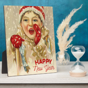 Placa Expositora niño vintage en la nieve - Feliz Año Nuevo