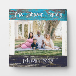 Placa Expositora Nombre de la familia de fotos de madera azul rústi