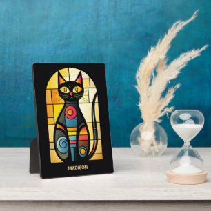 Placa Expositora Nombre personalizado Faux Sned Glass Cat