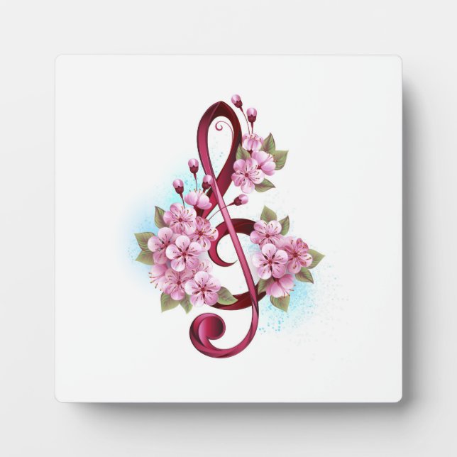 Placa Expositora Notas de clave de sol musical con flores de Sakura (Frente)