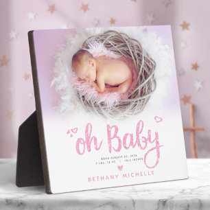 Placa Expositora Oh Baby Cute Girl Birth Photo Pink Script Keepsake