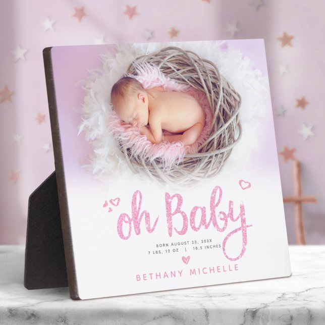 Placa Expositora Oh Baby Cute Girl Birth Photo Pink Script Keepsake (Subido por el creador)