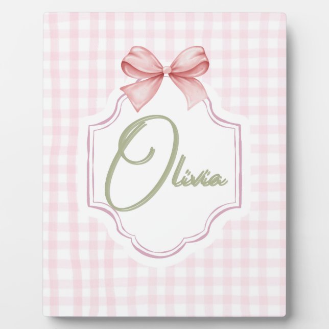 Placa Expositora Olivia Personalizado Lazo Rosa y Estampado Gingham (Frente)