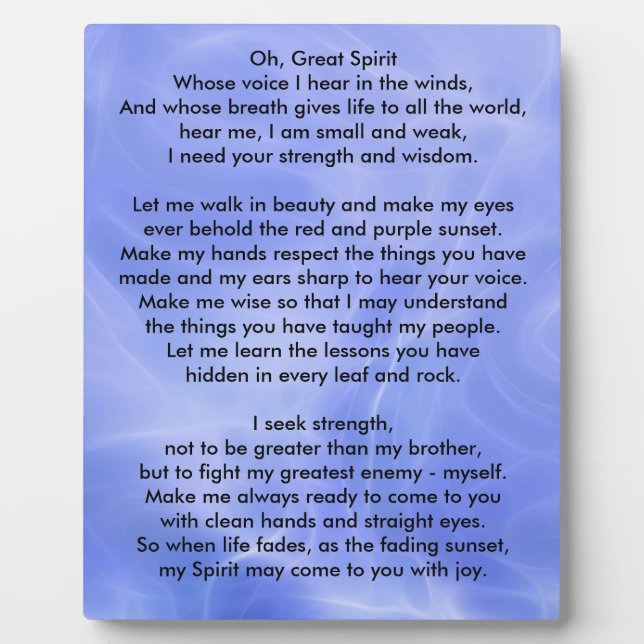 Placa Expositora Oración Indígena Nativa Americana (Frente)