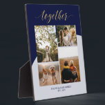 Placa Expositora Oro y marina | Collage de fotos de regalo familiar<br><div class="desc">Captura tus momentos especiales con esta placa fotográfica moderna. Esta placa de collage de fotos muestra un guión dorado elegante " junto con bloques de color azul marino y gris. Personalice las fotos y el texto. Un personalizado único para la pareja, la familia o el El día de San Valentín....</div>