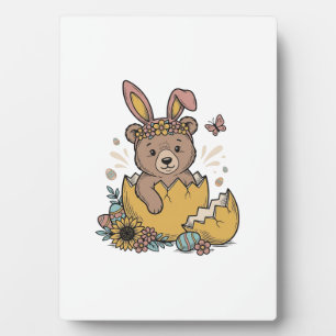 Placa Expositora Oso de Pascua lindo en huevo roto Vector vintage_1