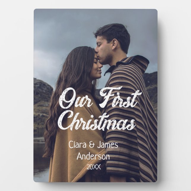 Placa Expositora Our first Christmas couple photo name white gray (Frente)