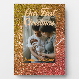 Placa Expositora Our first Christmas orange red glitter photo year