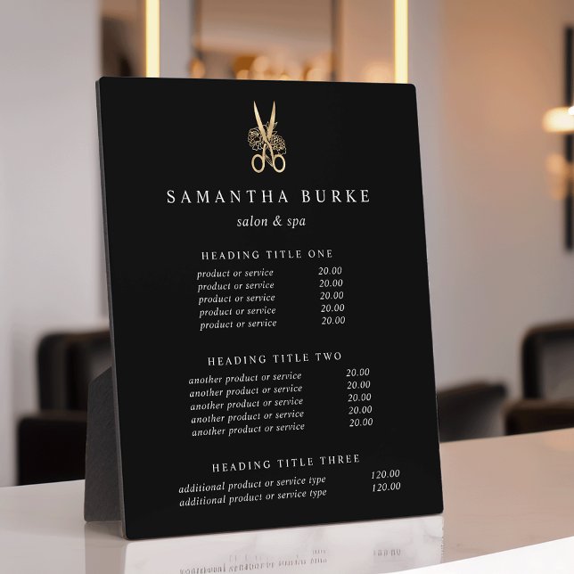 Placa Expositora Pantalla Gold Scissors Salon Pricing/Services (Subido por el creador)