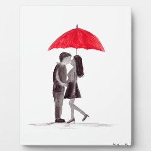 Placa Expositora Paraguas rojos pareja enamorada acuarela