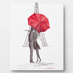 Placa Expositora Pareja de amor de París con paraguas rojos