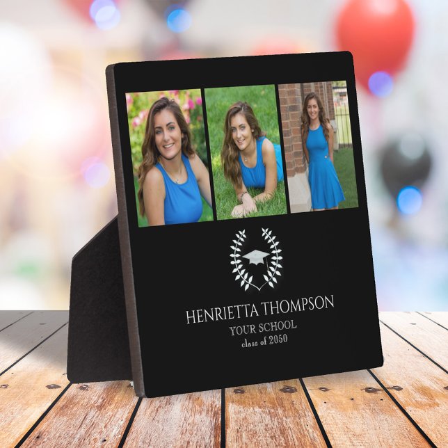 Placa Expositora Partido de Graduación Foto de Personalizado Blanco (Graduation photo tabletop sign. with a three-photo template. )