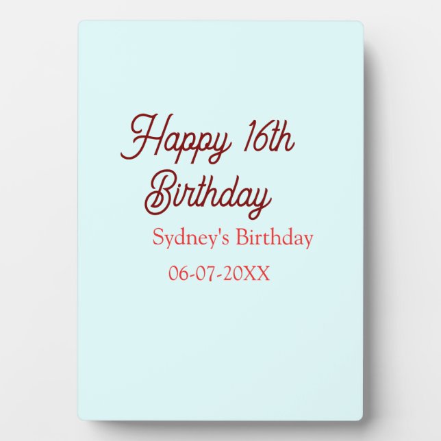Placa Expositora Pastel blue red happy 16th birthday name date eleg (Frente)