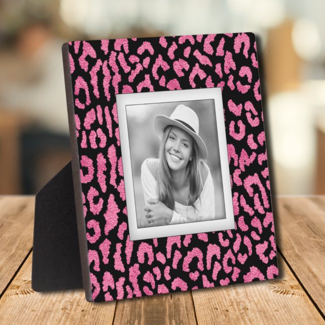 Placa Expositora Patrón de Leopardo Negro Rosado Fotografía sin mar (Pink Black Leopard Pattern Frameless Photo Easel Plaque)