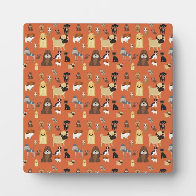 Placa Expositora Patrón de perros de fondo naranja. (Frente)
