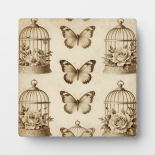 Placa Expositora Patrón Sepia de Rosa Mariposa Jaula de Pájaro Vint