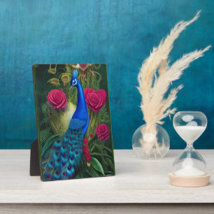 Placa Expositora Pavo Real Azul en el Jardín Rosa del Corazón Rosa