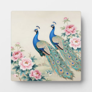 Placa Expositora Pavos Reales Elegantes Peonías Rosadas Asiáticas