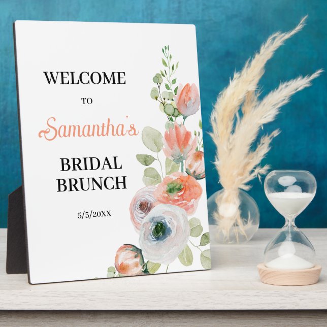 Placa Expositora Peach and White Floral Bridal  Brunch Welcome  (Lado)