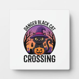 Placa Expositora Peligro de Halloween Gato Negro Cruzando