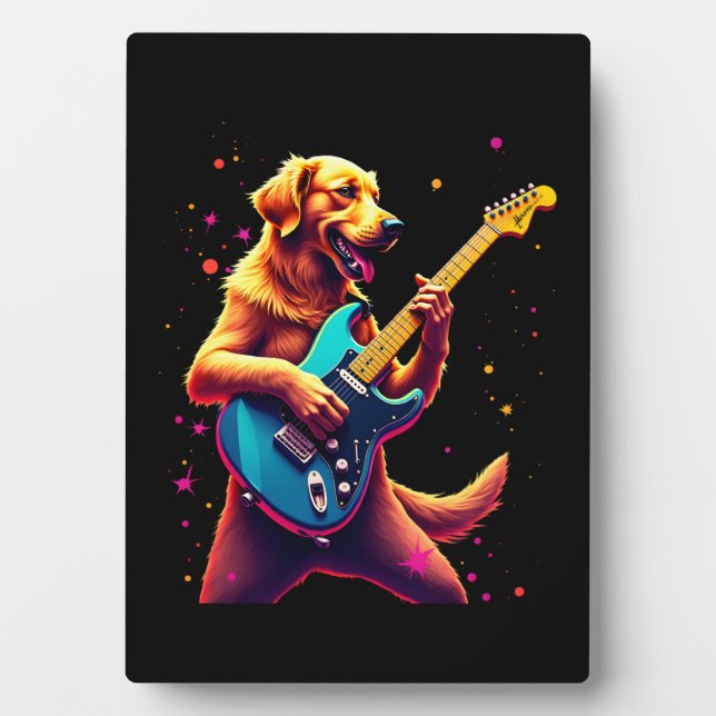 Placa Expositora Perro Golden Retriever tocando Rock con Guitarra E (Frente)
