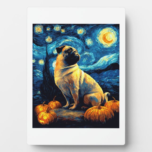 Placa Expositora Perro Pug de la noche estrellada de van gogh hallo (Frente)