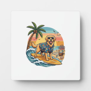 Placa Expositora Perro Retriever Dorado Surfing Surfboard Atardecer