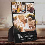 Placa Expositora Personalizado Collage de fotos de texto Familia mo<br><div class="desc">3 de tus fotos favoritas con un guión escrito a mano a la moda leyendo tu mensaje personalizado con tus nombres o cualquier otro detalle a continuación. ¡Un gran regalo para los amigos y la familia!</div>