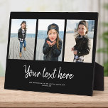 Placa Expositora Personalizado Collage de fotos de texto Familia mo<br><div class="desc">3 de tus fotos favoritas con un guión escrito a mano a la moda leyendo tu mensaje personalizado con tus nombres o cualquier otro detalle a continuación. ¡Un gran regalo para los amigos y la familia!</div>