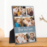 Placa Expositora Personalizado Collage de fotos de texto Modern Blu<br><div class="desc">6 de tus fotos favoritas con un guión escrito a mano a la moda leyendo tu mensaje personalizado con tus nombres o cualquier otro detalle a continuación. ¡Un gran regalo para los amigos y la familia! Esta es la versión azul.</div>