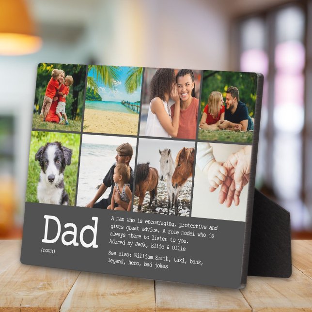 Placa Expositora Personalizado Dad Definition Collage de fotos Gray (Custom Dad Definition Photo Collage Gray Plaque)