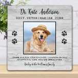 Placa Expositora Personalizado de regalo veterinario Mascota de per<br><div class="desc">¡Diga 'Gracias' a su maravilloso veterinario con una preciosa placa fotográfica mascota personalizada del perro! Personaliza con el nombre del mascota y la foto favorita. Este regalo de apreciación veterinaria será un tesoro. Personalizar 'Mejor Veterinario de la Historia' para Asistente de veterinaria, Vet Tech o Título Veterinario. DERECHOS RESERVADOS ©...</div>