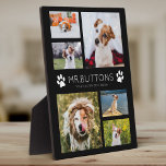 Placa Expositora Personalizado Mascota moderno Nombre Collage de fo<br><div class="desc">Simple y moderna placa fotográfica mascota con tus fotos favoritas de tu bebé de piel en un collage de fotos minimalista con un nombre y mensaje personalizados junto con las huellas de pata. Esta es la versión negra.</div>