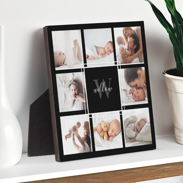 Placa Expositora Personalizado Nombre del bebé y Collage de fotos d (Custom Baby Name & Monogram Photo Collage Black Plaque)